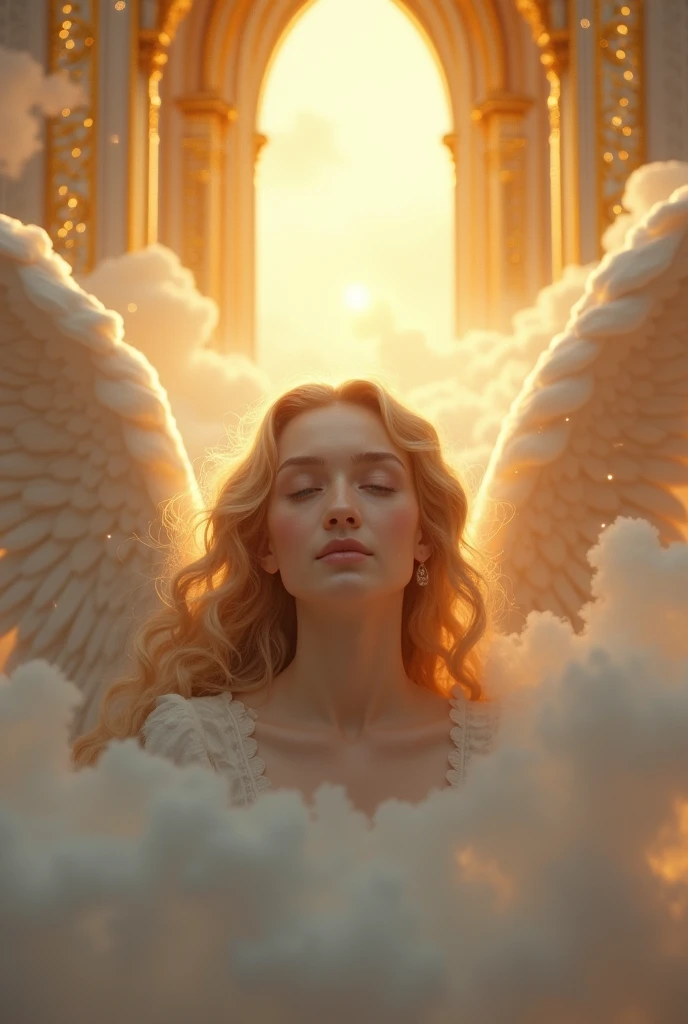 face of an angel facing forward entering the gates of heaven, beautiful bright gold colors, ultra realistic 4k, looking straight ahead