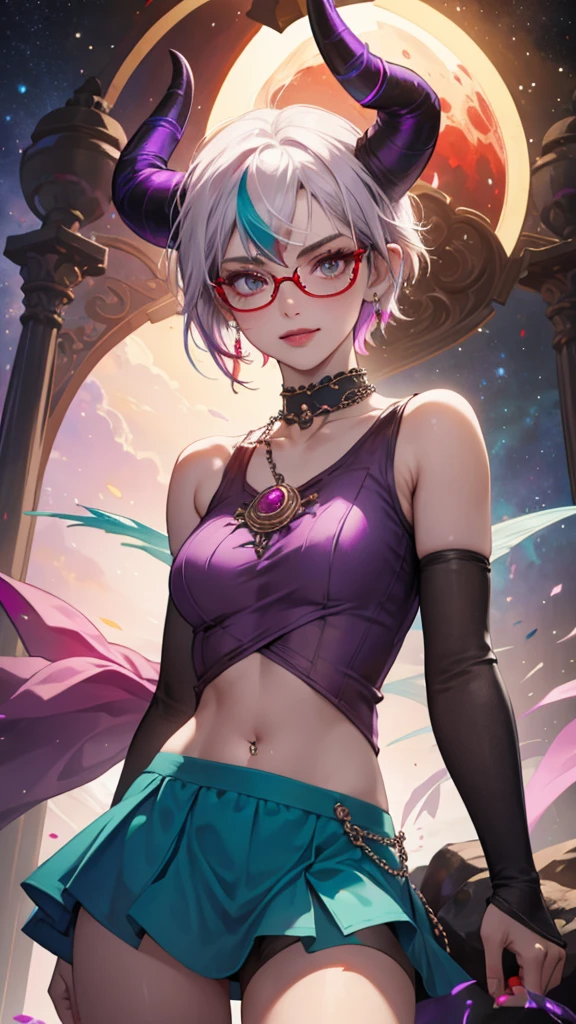 8k, masterpiece, best quality, highly detailed, 1 girl, tiefling, warlock, pixie cut, multicolored hair, very short straight hair red highlight hair on white hair, strippled hair, wearing glasses, round glasses, earrings, navel piercing, red eyeshadow, long eyelashes, blushed cheek, red lips, pearl necklace, rings, collarbone, mole on face, glamorous, teal and purple clothes, sleeveless, miniskirt, smirk, hand on chest, close up view, rings, looking at viewer, demon horns, solo, milky way, starry sky, blood red moon, standing, chains on the background.