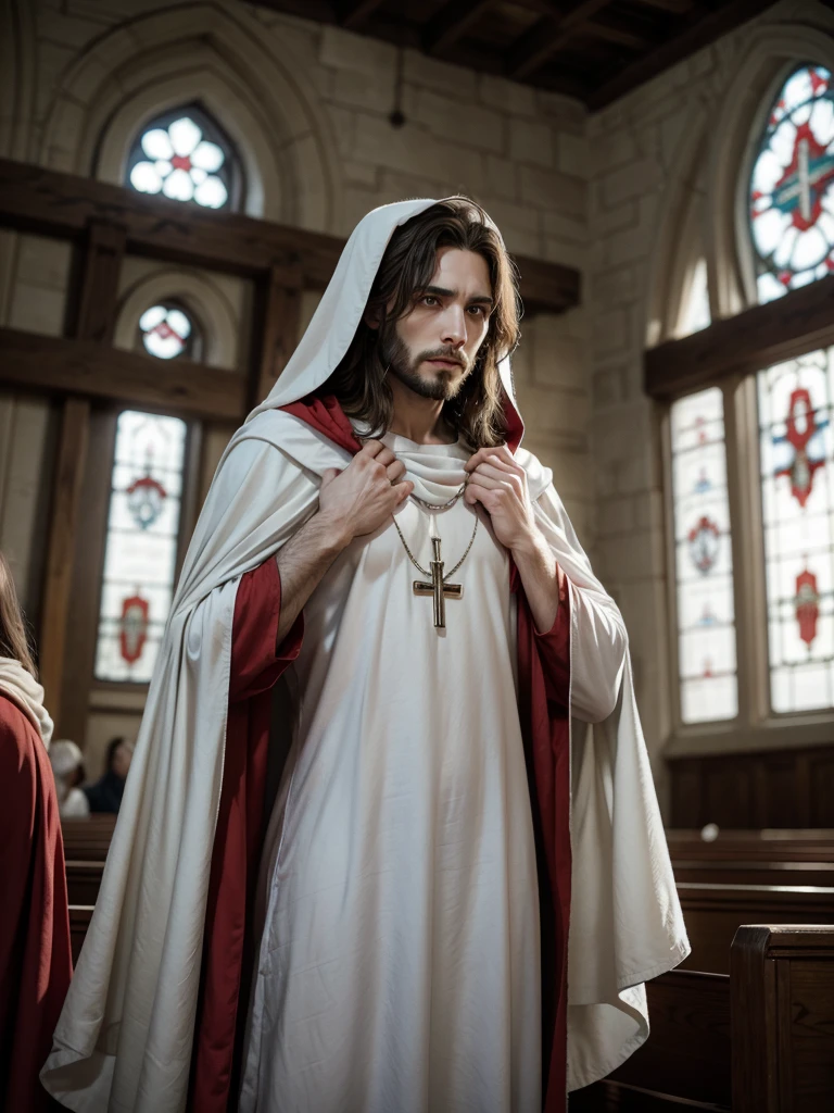 

 Jesus Christ man in church with white tunic and red cloak on top And his heart of thorns 
