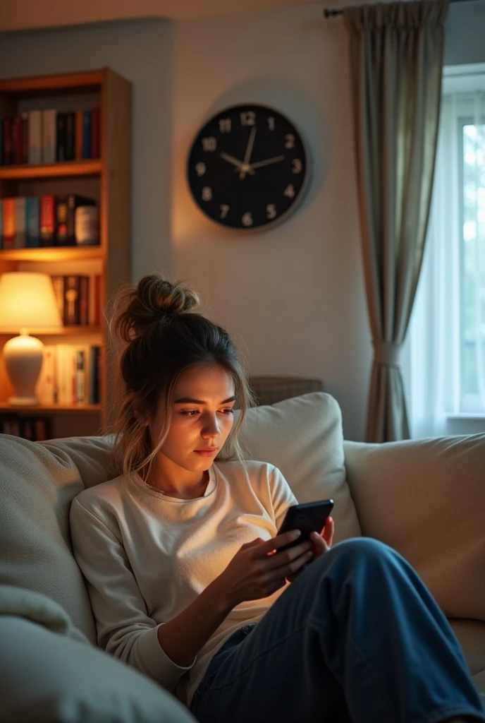 A digital clock showing the time passing quickly while a person is sitting on a couch, lost in their phone. The person looks disconnected from their surroundings, fully absorbed by the screen.