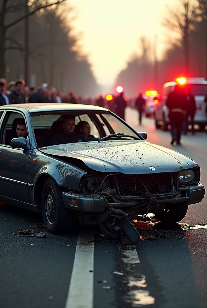 A car accident where a car is crushed 