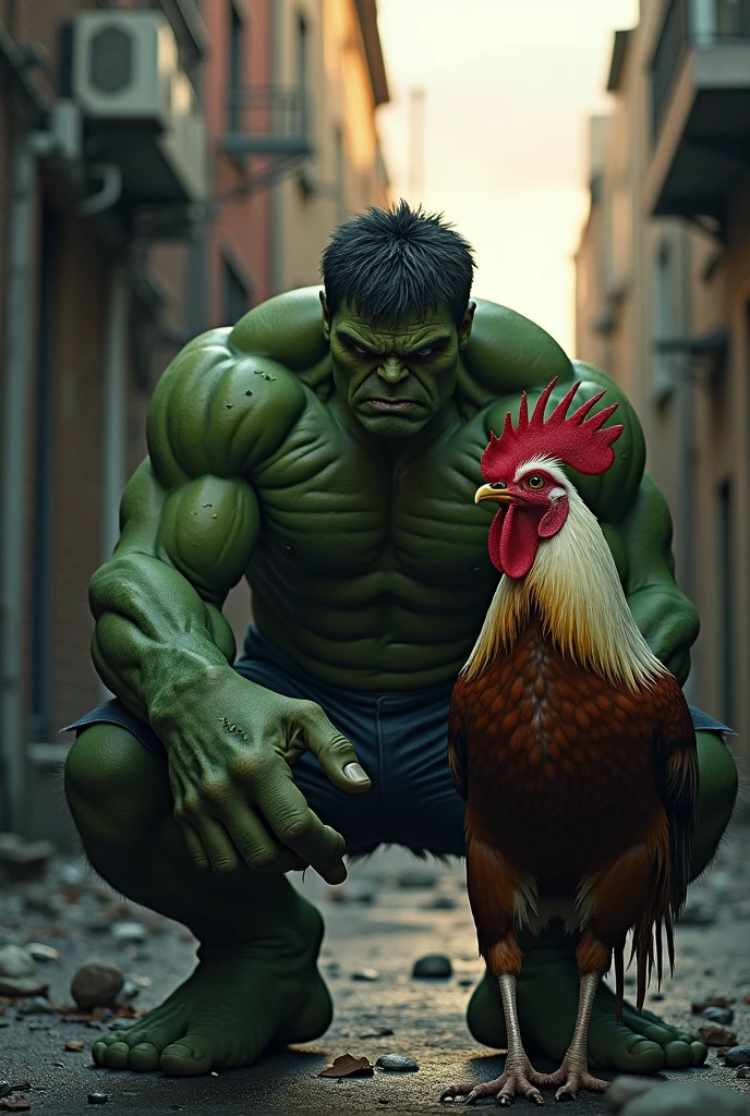 Hulk from Marvel crying, all bruised in the background of the image, and a rooster in the front wearing a crown of rwi.