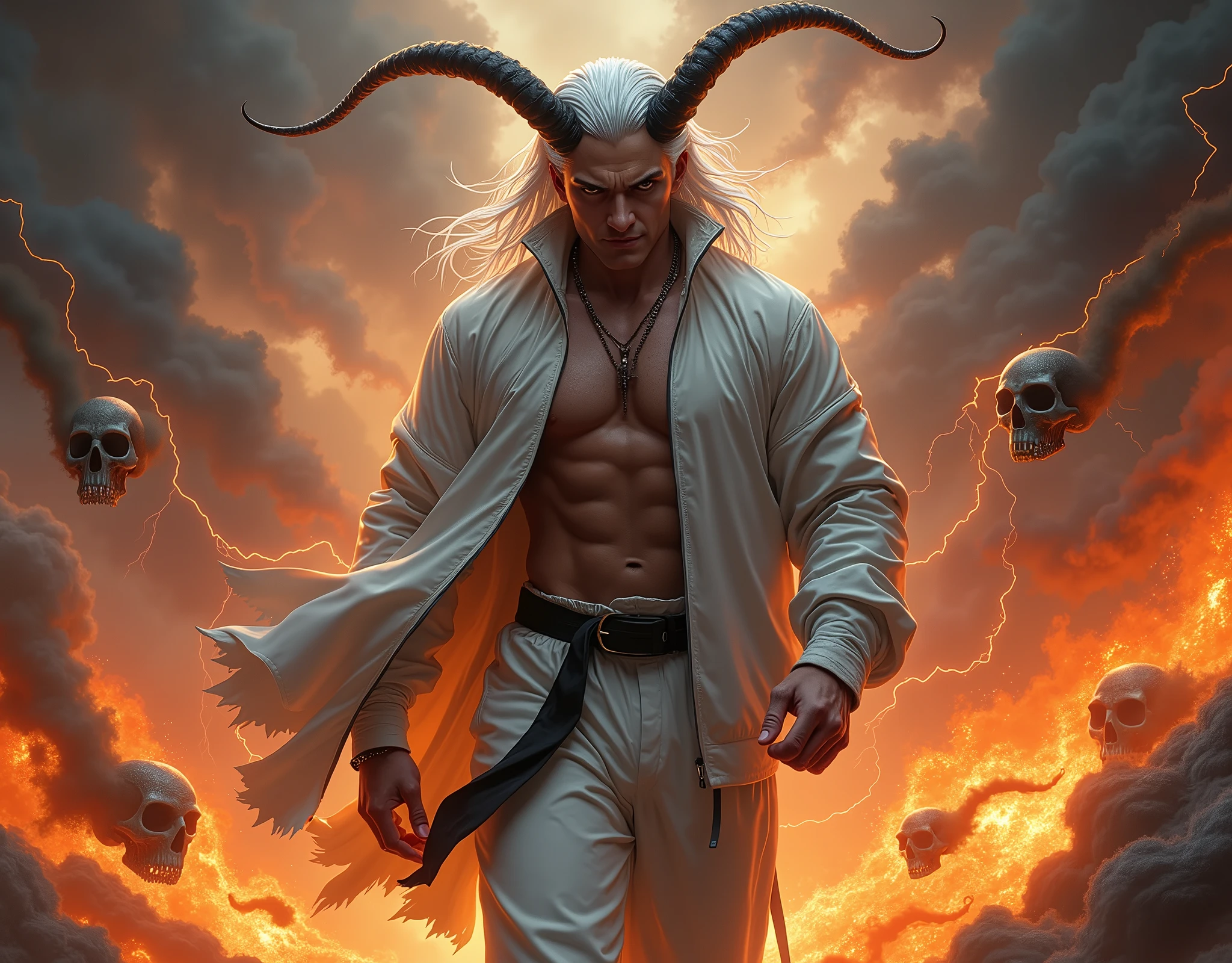 Muscular man, alone, white windbreaker, white long pants, white hair, black locks of hair, Japanese-looking man, dragon horns, violet-colored military boots, evil smile, dark brown eyes, fantasy scenery, walking through the flames of darkness., (Whirling lightning of skull),(insane unrealengine5,epic tMasterpiece,max best quality, ultra-highdef XT3 ultra-highres),ultra-detailed,ultra sharp focus, naked, varies,multi, etc. --v 6 --s 1000 --c 20 --q 500 --chaos 100