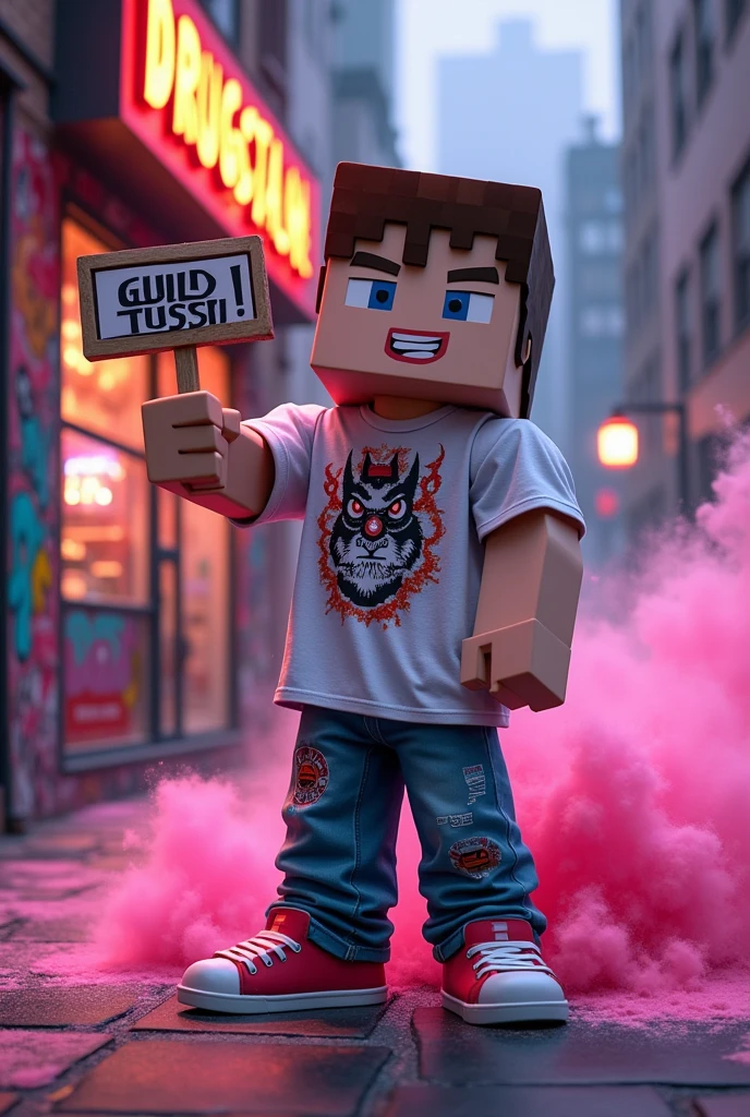 generate a minecraft steve (the skin) with street clothes flow. 
 holding a sign in the middle that says GUILD TUSSI in the middle and pink powders. at a store that sells 
