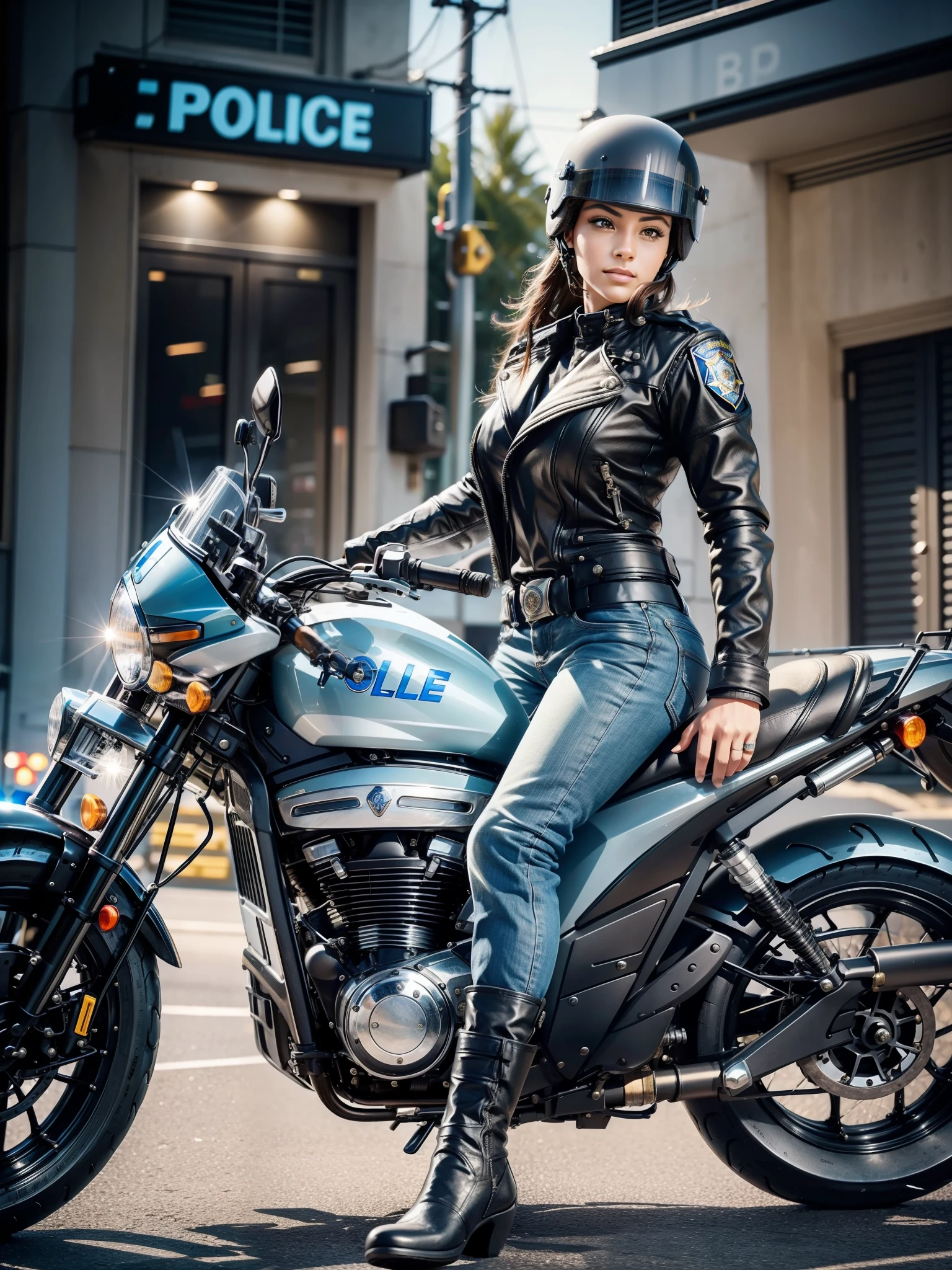 A beautiful female police officer on a motorcycle