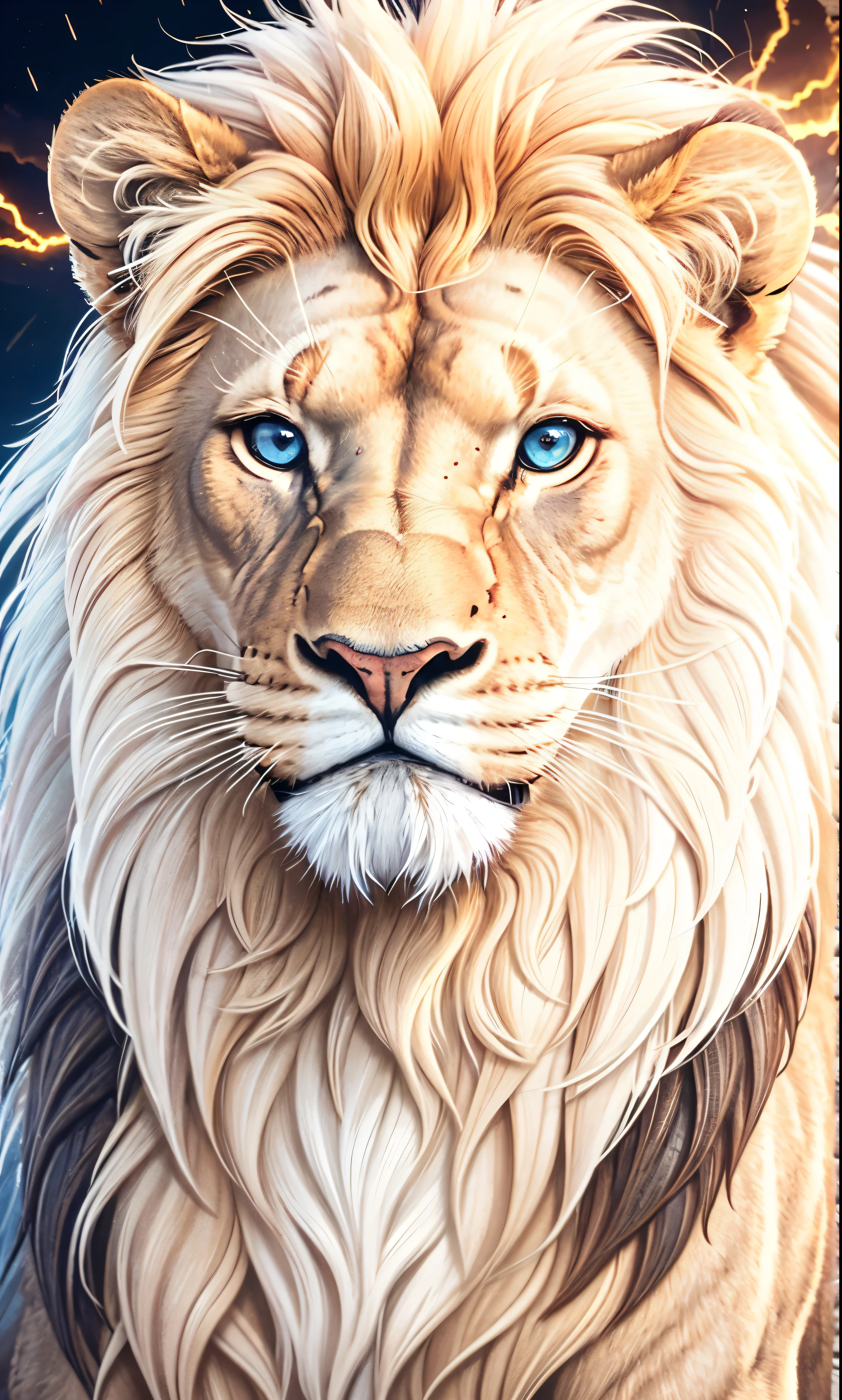 Lion, Divine Lion, naturals, thunder, Realistic Lion, rey, realistic detailed, sunset light, sky, Sol noturno, realistic detailed 16K, Eletricidade Detalhada 8k, darkness background, Texturas realistas de 8k, Cores photorrealistic 8k, fire azul, realistic detailed Fire Bolt, sky Light Detailed, Power of thunder, Divine realistic, gold color, our divine, golden light, naturey, Linda, Rendering, photorrealistic, UltraHigh definition, 4K, detailed textures, thunder, detailed shadows, detailed colors, neon blue, blue light, lightnings, blue power, naturey Linda, Great Divine, peaceful face, naturalss, lightning, Electric power screw, detailed contrast, realistic contrast, high resolution, detailed colors, fire, villany, divine creature, 8k FullHD, realistic detailed, 16K, 8k, High definition, detailed contrast, realistic contrast, high resolution, detailed colors, fire, villany, divine creature, 8k Realistic Lion Face, realistic detailed, posh, elegance