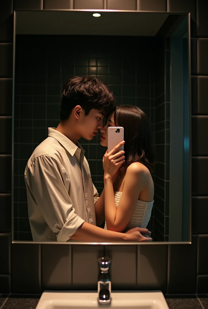 A hyper-realistic, ultra-high-definition mirror photo capturing a Japanese couple in a dimly lit bathroom. The man is standing behind the woman, holding her close with one arm around her waist, as she leans into him. The woman is wearing a strapless top, revealing her bare shoulders, and the man is dressed casually in a light shirt. They are taking a photo through the mirror, with both of their faces partially obscured by the smartphone. The background features a dark, tiled wall with a glossy f