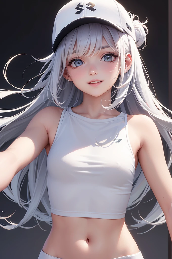 Best Quality,High resolution,8k,(plain white background, no patterns, no textures, just a plain white background:1.3),Masterpiece:1.2),beautiful girl,Glossy romance gray hair,messy hair,Gray eyes, A teenage girl dressed in a cropped sports bra or tank top with a bold logo, paired with high-waisted athletic shorts or jogger shorts. She is wearing trendy athletic sneakers or sporty slides. Accessories include a snapback cap and a sporty wristband,Gentle look,A refreshing look,smile,Best quality,Best Quality,Aesthetic and aesthetic:1.2,Best details((Super detailed))(High-definition CG illustrations),Slender body,smile,blush,cute,Scrounge,Looking up,Being spoiled,super model