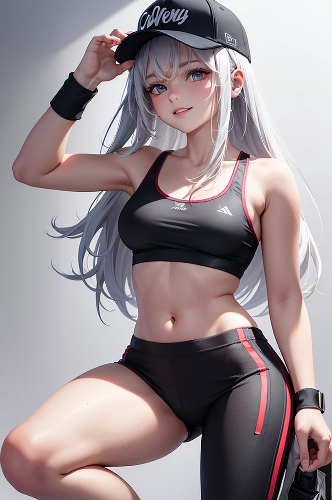Best Quality,High resolution,8k,(plain white background, no patterns, no textures, just a plain white background:1.3),Masterpiece:1.2),beautiful girl,Glossy romance gray hair,messy hair,Gray eyes, A teenage girl dressed in a cropped sports bra or tank top with a bold logo, paired with high-waisted athletic shorts or jogger shorts. She is wearing trendy athletic sneakers or sporty slides. Accessories include a snapback cap and a sporty wristband,Gentle look,A refreshing look,smile,Best quality,Best Quality,Aesthetic and aesthetic:1.2,Best details((Super detailed))(High-definition CG illustrations),Slender body,smile,blush,cute,Scrounge,Looking up,Being spoiled,super model