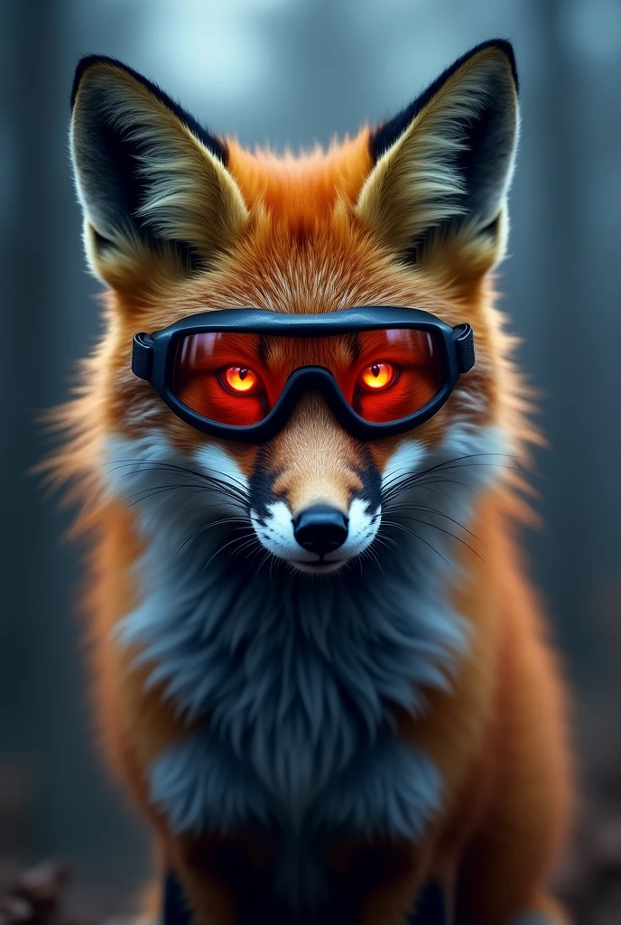 ((best quality)), ((masterpiece)), (detailed), fox wearing night vision goggles, animal, red eyes, wearing night vision goggles, close up