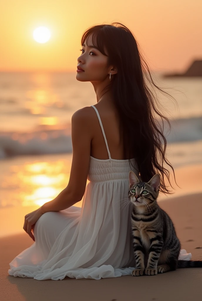 brown-skinned woman with Asian features, long black hair with bangs, white bohemian dress, sitting on the sand on a beach at sunset, next to a gray kitten with black stripes and green eyes 