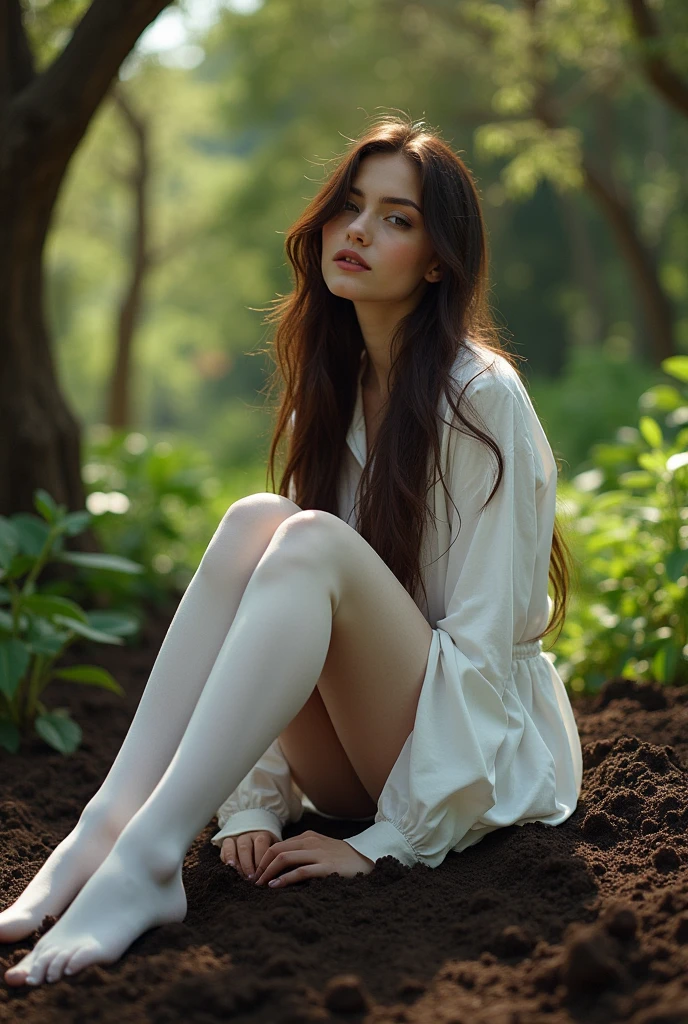 A beautiful adult girl in white stockings and a white shirt is sitting on the floor lying in the mud, dildo