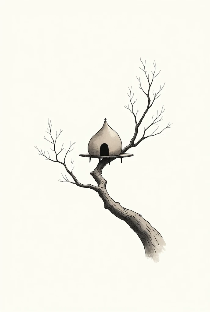 Minimalist sumi-e illustration of a mud house on a branch, black elements, blank background.
