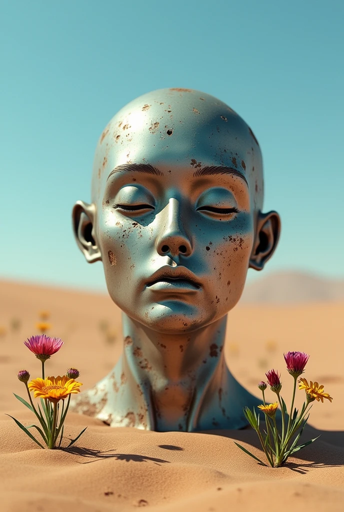 I want a picture of a metal man's head with his eyes closed, scared abandoned , deteriorated and covered in sand in the desert with flowers