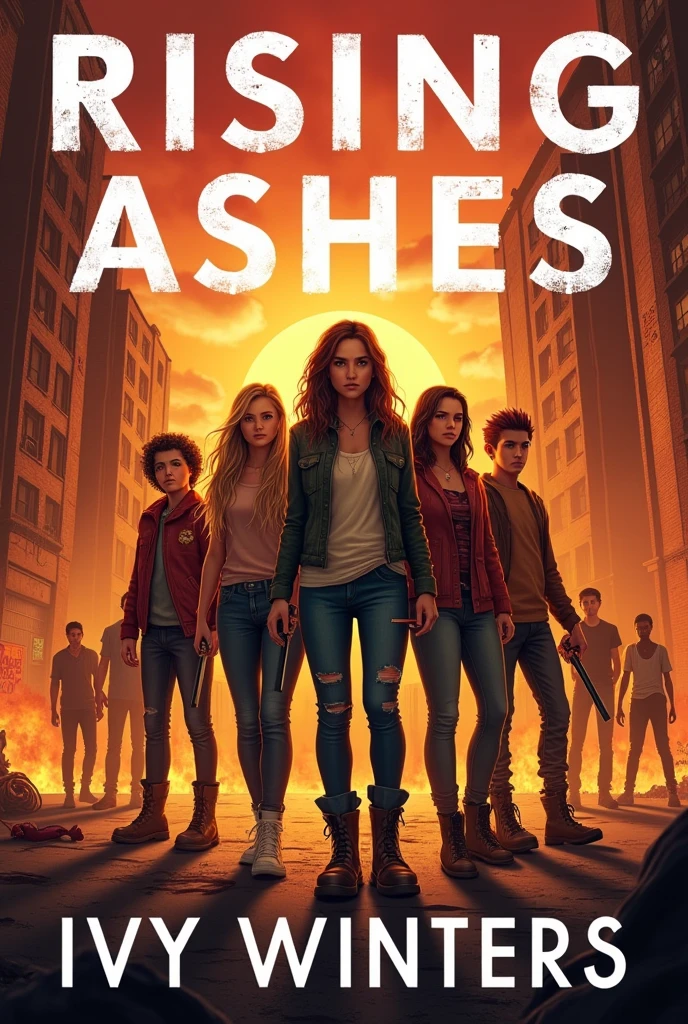 Create a book cover for Rising Ashes by Ivy Winters that’s about teenagers who are trying to survive a zombie apocalypse