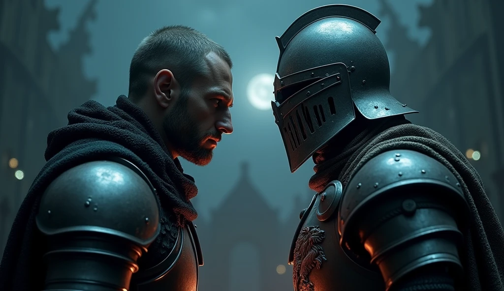 A highly realistic, high-contrast, 8K HD, detailed, hyper-detailed image depicting an intense standoff between the protagonist and the enemy general from the Lion army, set under the cover of night. The protagonist, a Crusader knight, is not wearing a helmet, revealing his determined and fierce expression as he faces his foe. The enemy general, clad in steel armor with a lion emblem and a helmet fully covering his face, stands directly opposite the protagonist, their faces inches apart in a tense and powerful confrontation. The scene is dimly lit by the faint light of the moon and stars, casting deep shadows and adding to the intensity of the moment. The atmosphere is charged with anticipation, as both warriors prepare for battle. The dramatic lighting highlights the detailed armor and the intense emotions of the scene, with the two figures locked in a moment of high tension. The image is of the highest quality, with ultra-high resolution, RAW photo quality, and Unreal Engine rendering, capturing the dramatic face-off between the protagonist and the enemy general under the night sky.