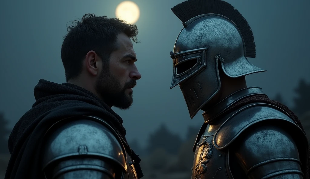 A highly realistic, high-contrast, 8K HD, detailed, hyper-detailed image depicting an intense standoff between the protagonist and the enemy general from the Lion army, set under the cover of night. The protagonist, a Crusader knight, is not wearing a helmet, revealing his determined and fierce expression as he faces his foe. The enemy general, clad in steel armor with a lion emblem and a helmet fully covering his face, stands directly opposite the protagonist, their faces inches apart in a tense and powerful confrontation. The scene is dimly lit by the faint light of the moon and stars, casting deep shadows and adding to the intensity of the moment. The atmosphere is charged with anticipation, as both warriors prepare for battle. The dramatic lighting highlights the detailed armor and the intense emotions of the scene, with the two figures locked in a moment of high tension. The image is of the highest quality, with ultra-high resolution, RAW photo quality, and Unreal Engine rendering, capturing the dramatic face-off between the protagonist and the enemy general under the night sky.
