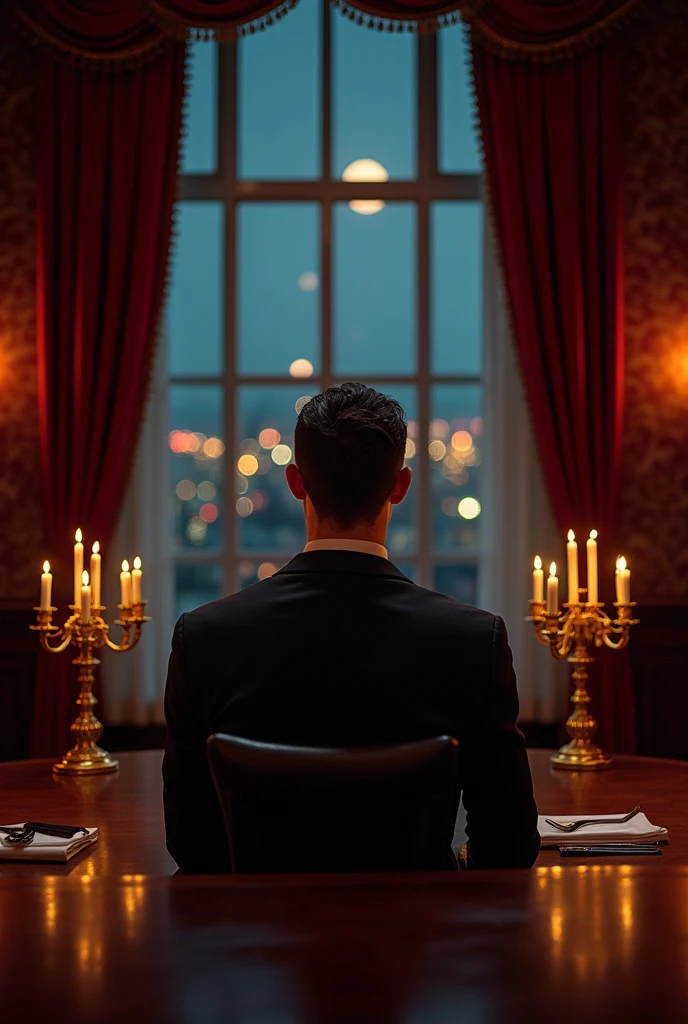 A man in a black suit and tie, dining alone at a large table.