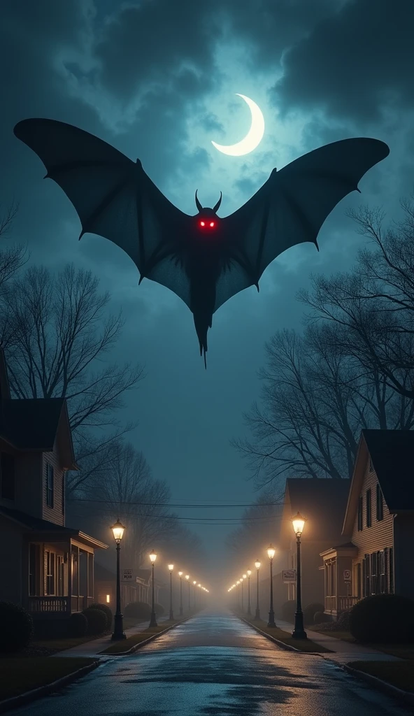 A chilling scene of the Mothman flying silently over a small town, his red eyes glowing ominously in the night sky, as if foretelling disaster