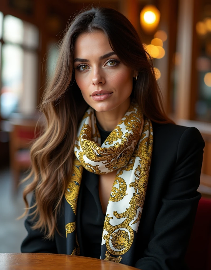 (photorealism:1.2), very pretty, sexy and stylish 43-years-old smiling lady in shiny blouse with long brown hair, brown eyes, smokey-eyes-make-up, wearing a very expensive elegant shiny white yellow black square silk scarf form Versace, sitting in a typical coffeehouse in Vienna.