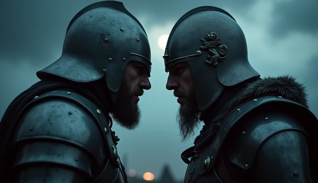 A highly realistic, high-contrast, 8K HD, detailed, hyper-detailed image depicting an intense standoff between the protagonist and the enemy general from the Lion army, set under the cover of night. The protagonist, a Crusader knight, is not wearing a helmet, revealing his determined and fierce expression as he faces his foe. The enemy general, clad in steel armor with a lion emblem and a helmet fully covering his face, stands directly opposite the protagonist, their faces inches apart in a tense and powerful confrontation. The scene is dimly lit by the faint light of the moon and stars, casting deep shadows and adding to the intensity of the moment. The atmosphere is charged with anticipation, as both warriors prepare for battle. The dramatic lighting highlights the detailed armor and the intense emotions of the scene, with the two figures locked in a moment of high tension. The image is of the highest quality, with ultra-high resolution, RAW photo quality, and Unreal Engine rendering, capturing the dramatic face-off between the protagonist and the enemy general under the night sky.
