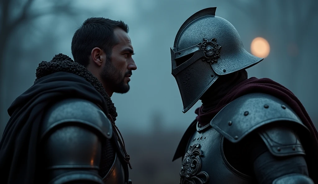 A highly realistic, high-contrast, 8K HD, detailed, hyper-detailed image depicting an intense standoff between the protagonist and the enemy general from the Lion army, set under the cover of night. The protagonist, a Crusader knight, is not wearing a helmet, revealing his determined and fierce expression as he faces his foe. The enemy general, clad in steel armor with a lion emblem and a helmet fully covering his face, stands directly opposite the protagonist, their faces inches apart in a tense and powerful confrontation. The scene is dimly lit by the faint light of the moon and stars, casting deep shadows and adding to the intensity of the moment. The atmosphere is charged with anticipation, as both warriors prepare for battle. The dramatic lighting highlights the detailed armor and the intense emotions of the scene, with the two figures locked in a moment of high tension. The image is of the highest quality, with ultra-high resolution, RAW photo quality, and Unreal Engine rendering, capturing the dramatic face-off between the protagonist and the enemy general under the night sky.
