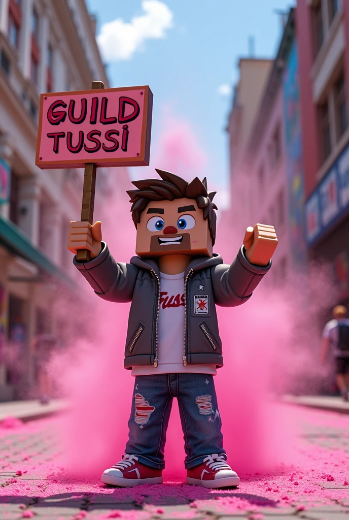 generate a minecraft steve (the skin) with street clothes flow.
holding a sign in the middle that says GUILD TUSSI in the middle and pink powders.