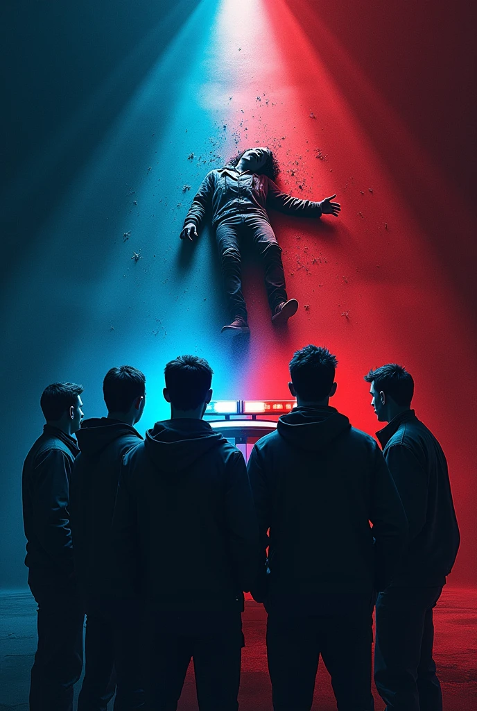 The cover of a book.
Divided into two halves.
In the lower half, 7 men around 27 years old, and in the background, the lights of a police patrol.
And in the upper half a corpse.