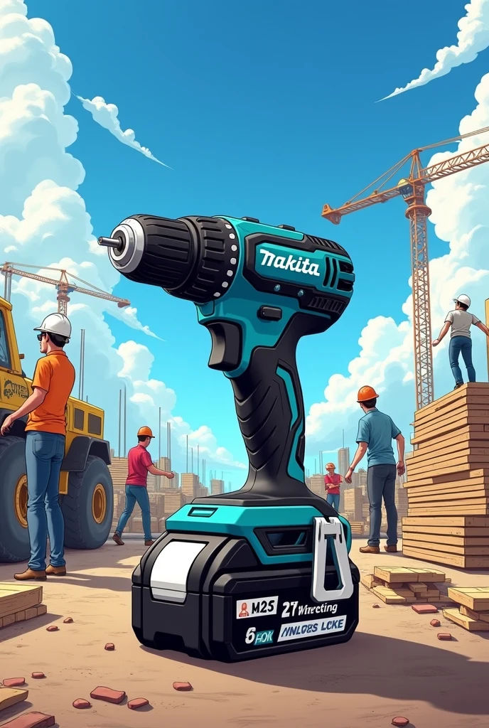 Makita brand cordless tool drawn in anime style on construction site