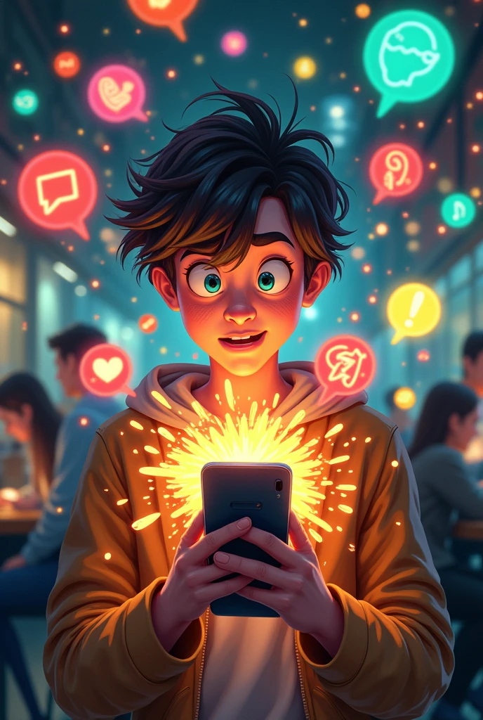 A smartphone screen overloaded with colorful notification bubbles popping up everywhere. The person holding the phone looks overwhelmed and stressed, with a slightly panicked expression.