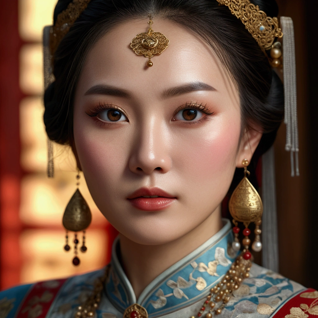 beautiful detailed eyes, beautiful detailed lips, extremely detailed eyes and face, long eyelashes, 1 chinese woman, middle ages, intricate historical dress, elegant hairstyle, serene expression, (best quality, 4k, 8k, highres, masterpiece:1.2), ultra-detailed, (realistic, photorealistic, photo-realistic:1.37), detailed portrait, chiaroscuro lighting, dramatic shadows, warm color palette, cinematic composition