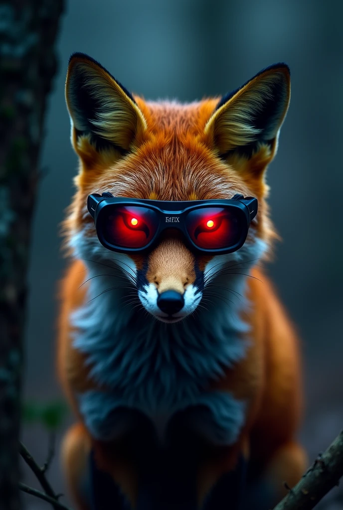 ((best quality)), ((masterpiece)), (detailed), a company logo of a fox wearing night vision goggles, animal, red eyes, wearing night vision goggles, close up