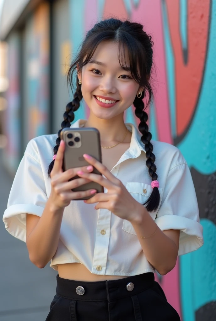 A 19-year-old Japanese woman, skin fair, Flawless skin, V-shaped face, eyes large, Double eyelid, small-nose, defined nose, body skinny, Waist slender, slickedback hair, silky hair, facial-symmetry. She is taking a selfie with her iphone, She is wearing a stylish shirt with stylish black pants, She has hair with two pink braids