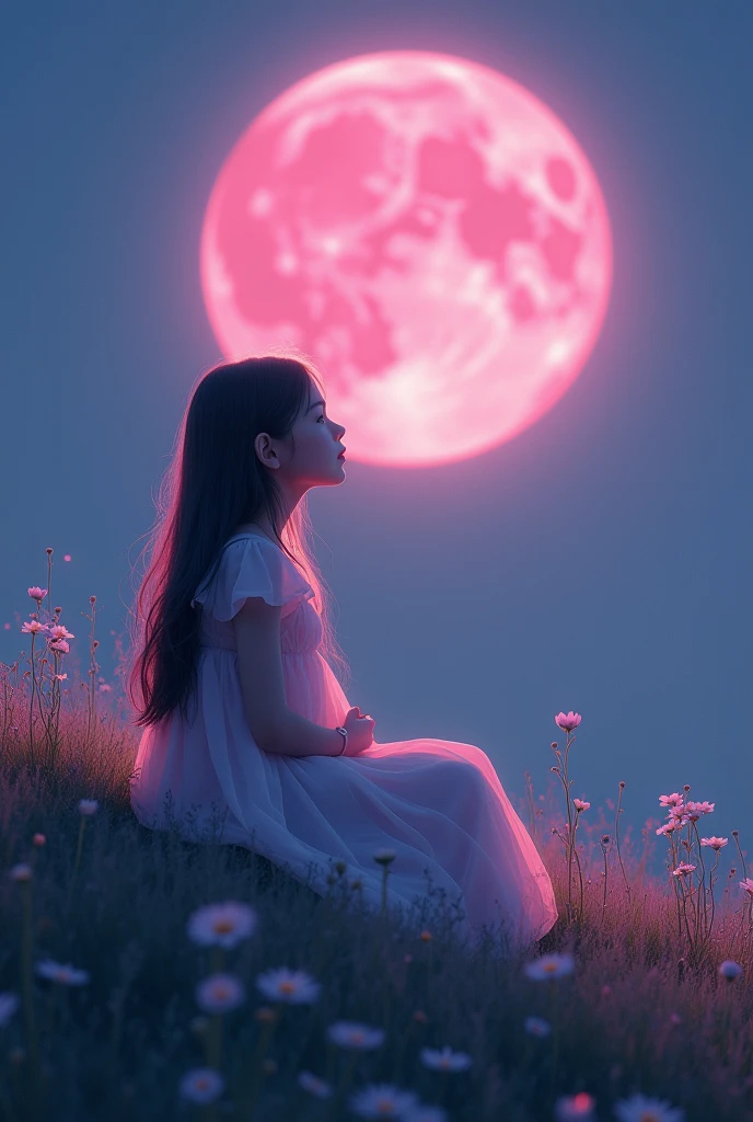 Pink moon on the sky behind sitting girl realistic image