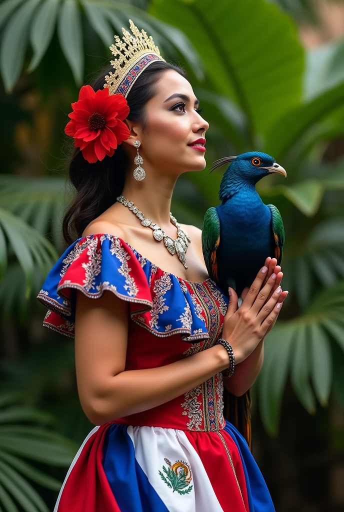 Create a beautiful full body woman with the traditional dress of Nicaragua with the flag on the dress, reading the national anthem of Nicaragua with the national bird the guardabarranco or torogoz in his hands and the sacuanjoche flower in his ear and a crown in the shape of the national coat of arms of Nicaragua