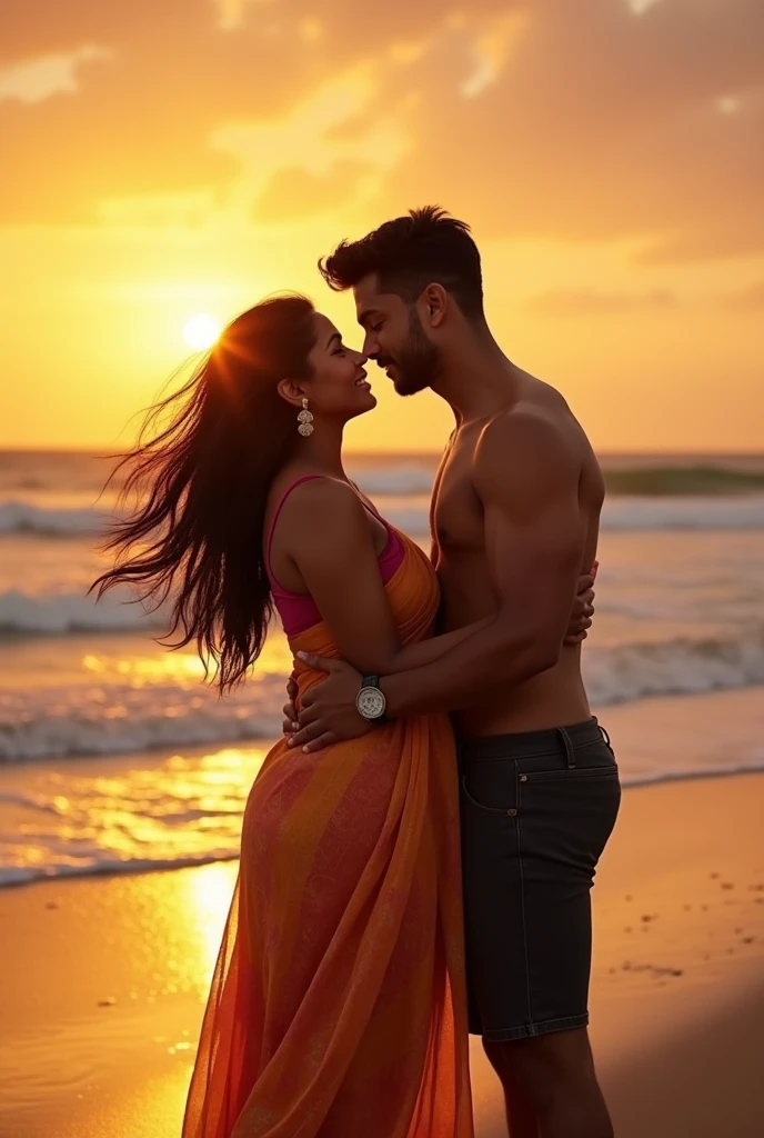 a couple on a sunny beach hugging the light-colored man, fat, green eyes, with a beard, Brazilian features, very tall, 1.90 meters, short black hair, the light-skinned woman with Brazilian features, very short, 1,57 meters, long black hair, wearing jeans and a neon pink blouse and pink lipstick on her lips