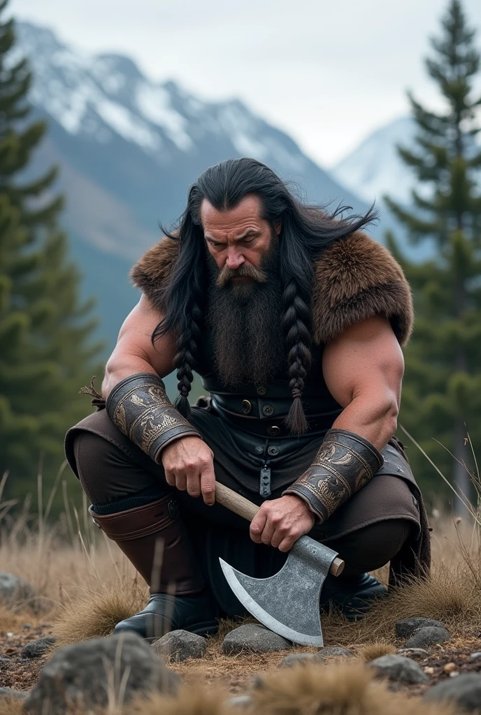 A Viking sharpening his axe with a stone.
Show him passing the stone over the axe to sharpen it.