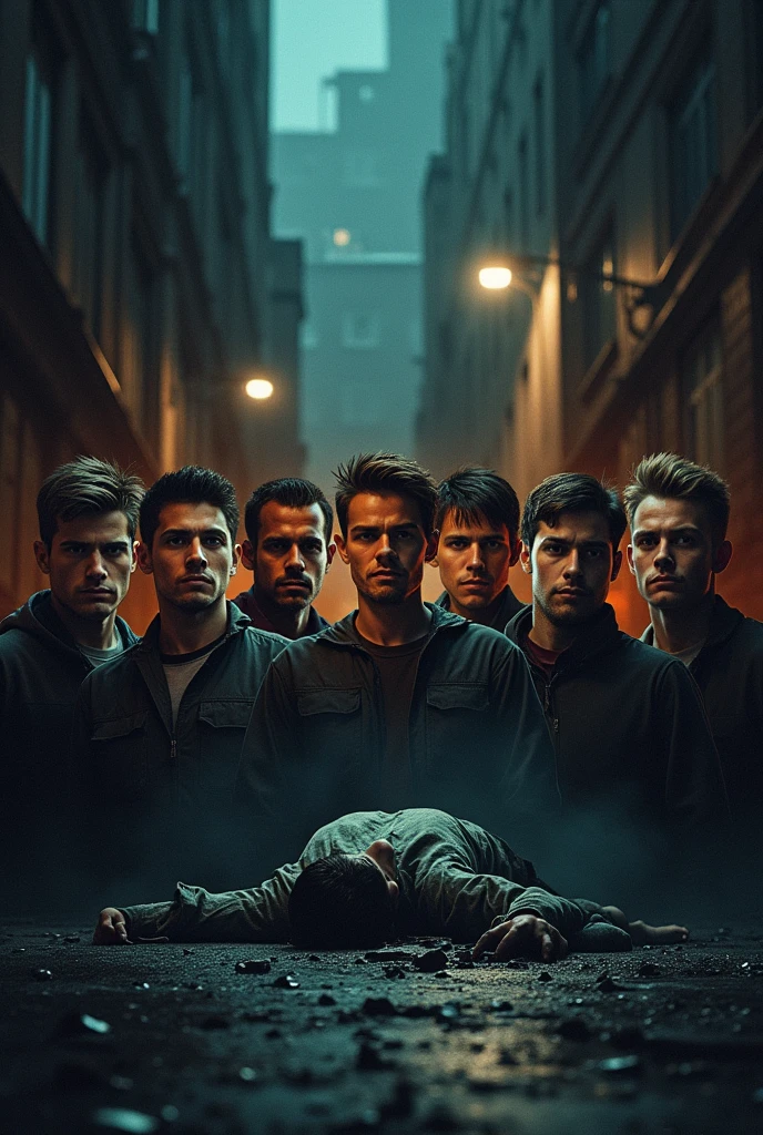 The cover of a book.
Divided into two halves.
In the lower half, 7 men around 27 years old, and in the background, the lights of a police patrol.
And in the upper half a corpse.