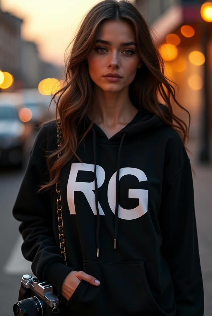 RG name icon hoodie design in black and worn by a beautiful woman carrying a camera