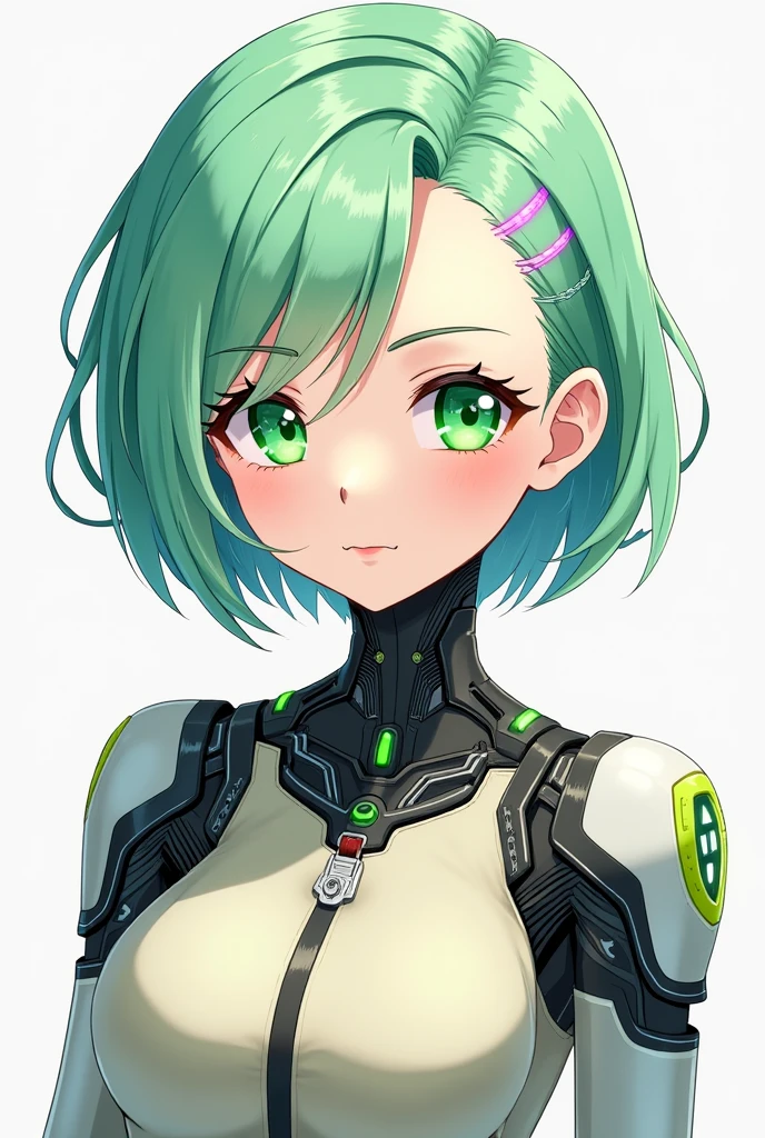 A 2, modern anime style, Character Design,, High resolution, Super detailed,, a bit, cute, young, Fantasy modern world, Swimsuit and jeans, whole body, cyborg, Internal circuitry, Green Eyes, Robot hand, Robot Arm, Half Man, Half AI, Robotic details on the face, Robot details of the body, Face with detailed description of electronic circuits, Sophisticated, Futuristic design elements on shoulders and arms, Create a detailed anime-style portrait of a cyborg, Focus only on the face. His eyes should be bright green, Broadly expressive, Elegant placement below, angular eyebrows. The nose is small、Should be distinct, With a straight contour. His lips are full, Soft appearance, With a faint smile. Oval face shape with a narrow chin, Embodying both strength and femininity. Her hair is a mix of turquoise and light green、Should be sharp cut to shoulder length。, One side hidden behind the ear、Asymmetrical bob framing the face。One pink line on the left side。. cream. His overall appearance should be futuristic yet human., Highlighting his bright eyes and distinctive hair color. He has a cybernetic neck with visible circuitry; but, His face does not have any cybernetic details. (Short hair is not allowed) (His face does not have any cybernetic details or circuits) (the creamy pink streak is only on one side; Not bilateral)
