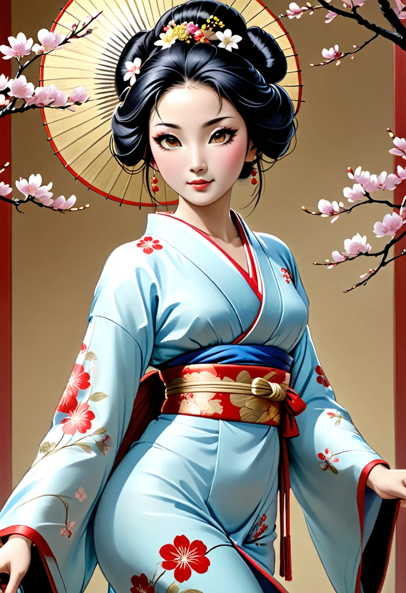 (The gorgeously sexy adorned geisha, embodying a harmonious blend of grace and allure, symbolizes traditional Japanese beauty and elegance. She is depicted in a stunningly detailed painting, with intricate details shining through her delicate features and flowing kimono. The composition captures her serene expression and delicate gestures with a sense of perfection and refinement. This high-quality image exudes a sense of timeless beauty and cultural richness.