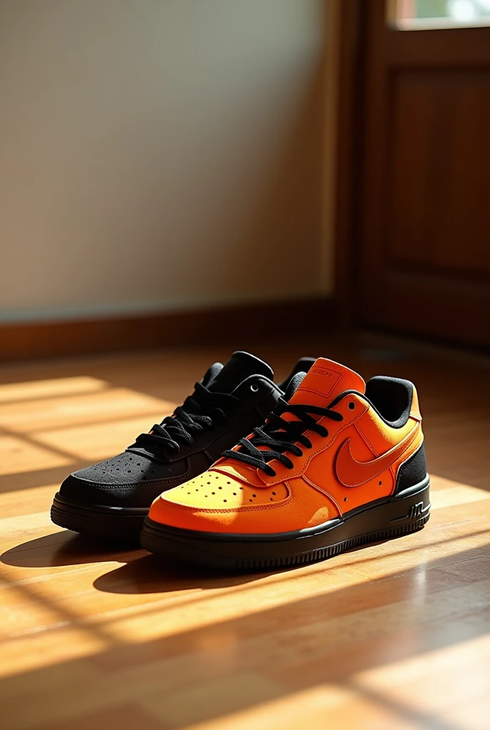 Orange and black mixed shoes one shoe black the other one orange