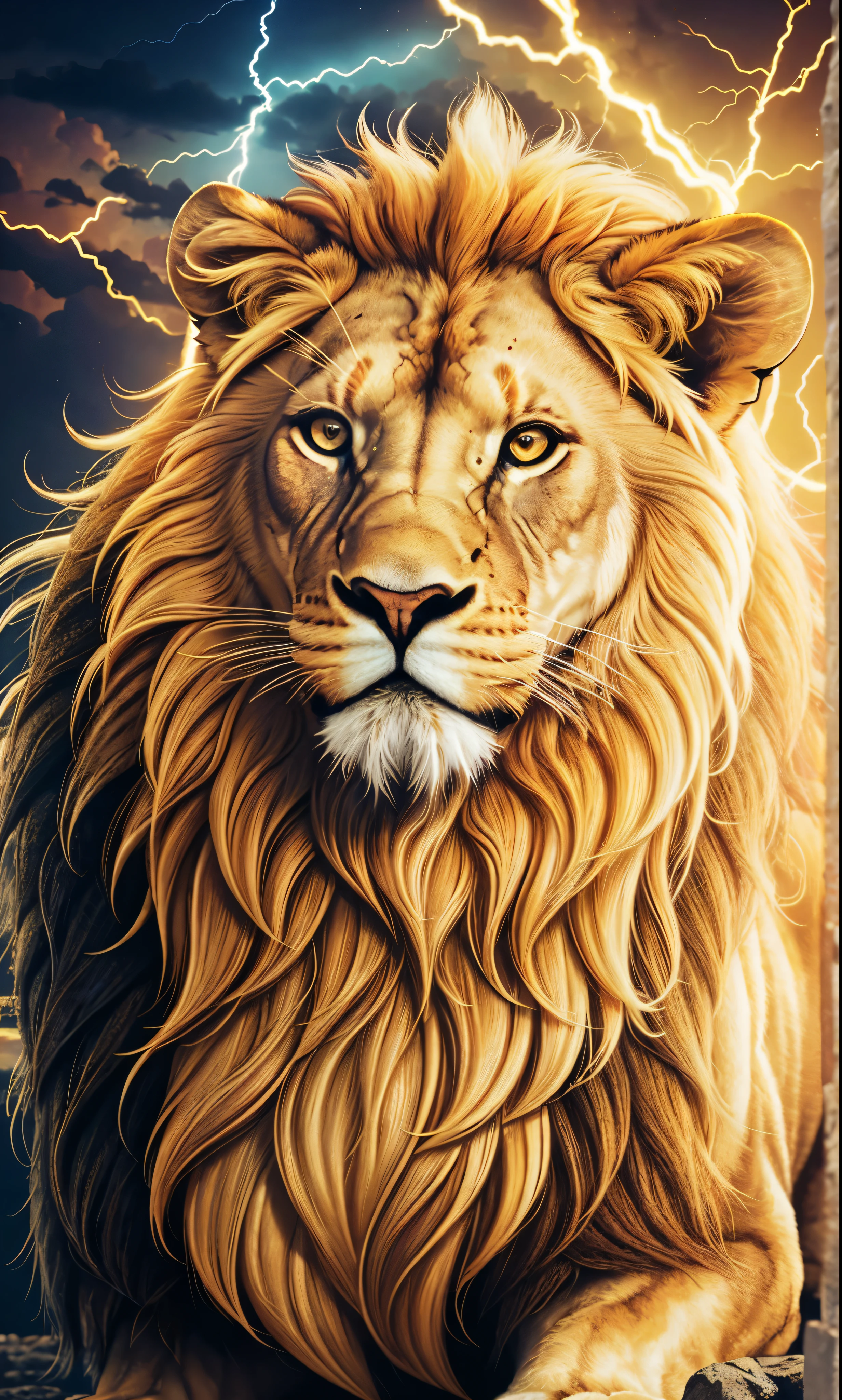 Lion, Divine Lion, naturals, thunder, Realistic Lion, rey, realistic detailed, sunset light, sky, Sol noturno, realistic detailed 16K, Eletricidade Detalhada 8k, darkness background, Texturas realistas de 8k, Cores photorrealistic 8k, fire azul, realistic detailed Fire Bolt, sky Light Detailed, Power of thunder, Divine realistic, gold color, our divine, golden light, naturey, Linda, Rendering, photorrealistic, UltraHigh definition, 4K, detailed textures, thunder, detailed shadows, detailed colors, neon blue, blue light, lightnings, blue power, naturey Linda, Great Divine, peaceful face, naturalss, lightning, Electric power screw, detailed contrast, realistic contrast, high resolution, detailed colors, fire, villany, divine creature, 8k FullHD, realistic detailed, 16K, 8k, High definition, detailed contrast, realistic contrast, high resolution, detailed colors, fire, villany, divine creature, 8k Realistic Lion Face, realistic detailed, posh, elegance