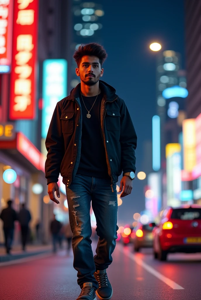 A boy is walking straight in the city rood at night. He is wearing a black jacket jeans hand watch and shoe. He has a bag in shoulder. His hair color is black. He has a medium Beard in face. His whole body is visible. The background of the pic is of a city road in night time .
