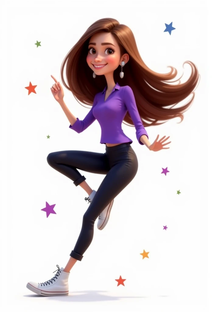 create a 3D Pixar movie poster, The scene should be in Pixar's signature digital art style, with a caricature image representing a woman, with long brown hair, with purple blouse,black pants and white sneakers,white background