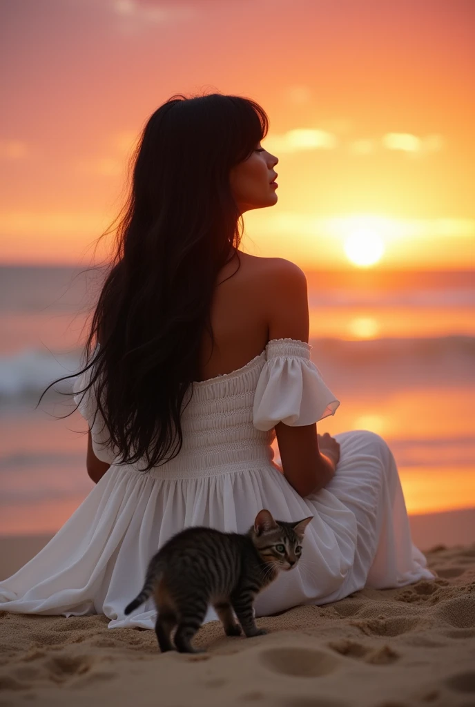Brown skinned woman, long black hair, straight and with bangs, white bohemian dress, sitting with her back to the sand on a beach at sunset, next to a gray kitten with black stripes and green eyes