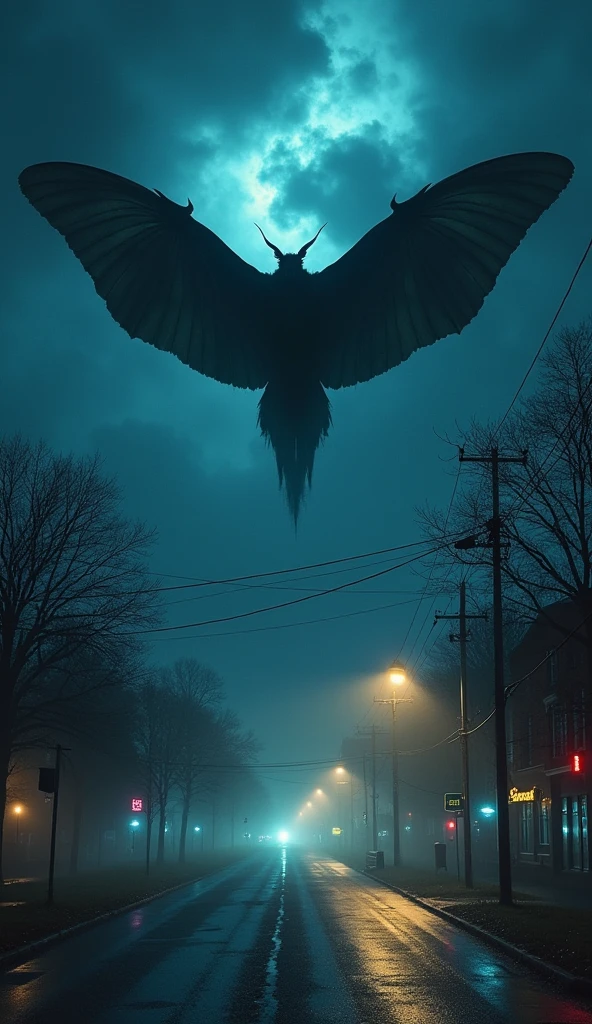 A wide view of Point Pleasant at night, with the faint, shadowy figure of the Mothman barely visible against the dark sky, exuding an aura of impending doom.
