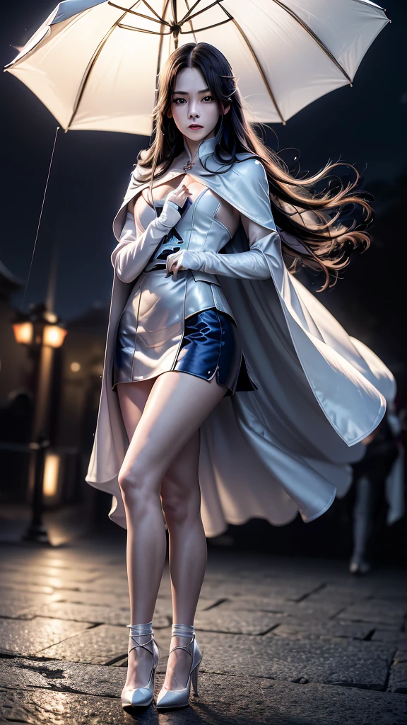 South korea sassin's creed walk women mystery hooded on with modern royal Blue coat with long and wide sleeves with but and royal Blue cape and very high white heel over the knee and white gloves, As she reveals a small secret hidden blade coming from his palm , adding to the characters mysterious, with small movements of air on the cape, in summer at night under the rain, with buildings featuring curved eaves and detailed architecture. sophisticated and highly detailed, ultra hd, realistic, hyper detailed, enhanced colours, ultra sharp focus, with vibrant, rich in details High quality, gorgeous, captivating, 8k, super detailed, stunning shadows, detailed lines, blood stain on coat and gloves, corpsese street recently murdered