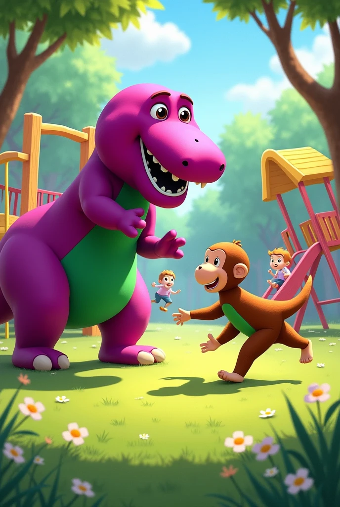 Curious George fights Barney the Dinosaur 