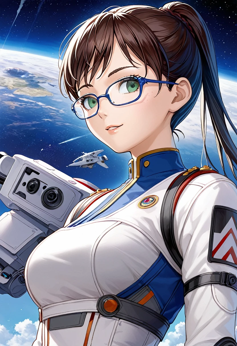 Anime characters in white shirts and blue shirts, portrait anime space cadet girl with glasses, clean and meticulous anime style, in an anime style, Digital anime illustration, Female protagonist 👀 :8, Anime style portrait, 🤤 girl portrait, official art, Official artwork, anime visual of a cute girl, Makoto Shinkai (Apex Legends), anime style character